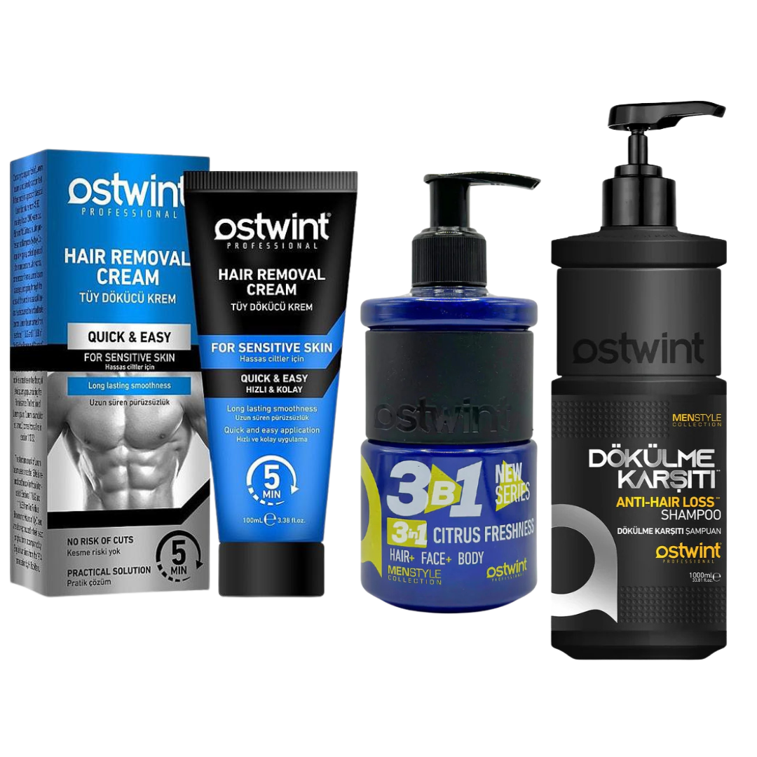 Set Crema depilatoare pentru piele sensibila - 100ml (barbati), Gel de dus 3 in 1 Citrus Freshness 250ml, Sampon anticadere anti-hair loss - 1000ml