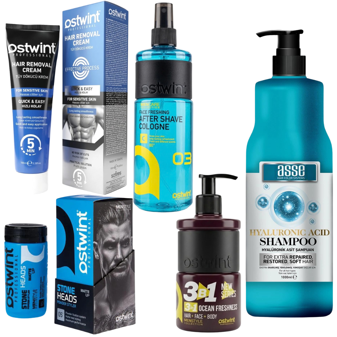 Set Crema depilatoare pentru piele sensibila - 100ml (barbati),Colonie Aftershave 03 400ml, Pudra de volum Hard Powder 20, gel dus 3 in 1 Strenght & Volume 250ml, Sampon de par cu Acid Hialuronic Asse - 1000ml