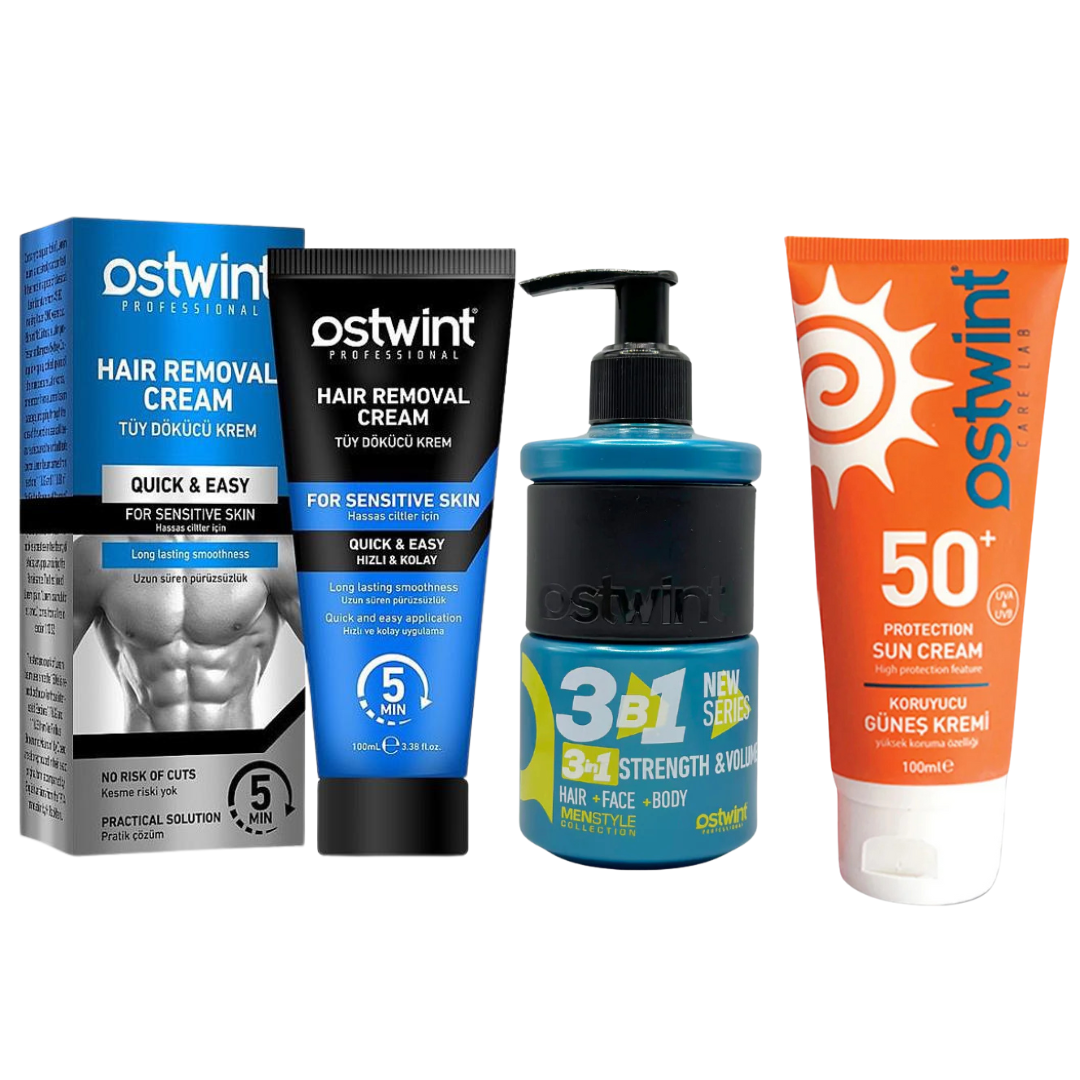 Set Crema depilatoare pentru piele sensibila Ostwint - 100ml (barbati), Gel de dus 3 in 1 Strenght & Volume 250ml ,Crema de protectie solara 50+ SPF Ostwint - 100ml