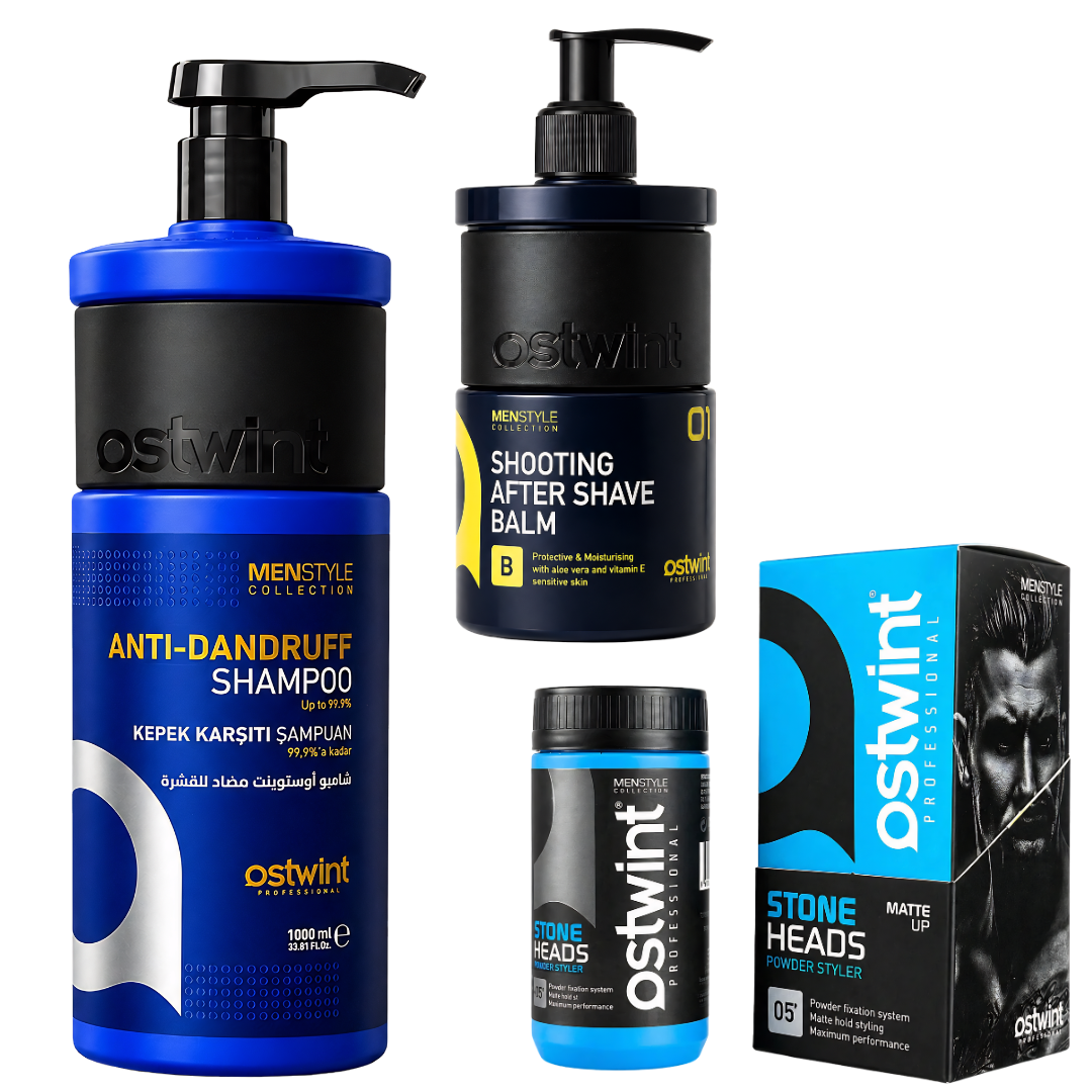 Men Set Ostwint, Sampon de par anti matreata 1000ml, Balsam aftershave 250ml, Pudra de volum Hard Powder 20g