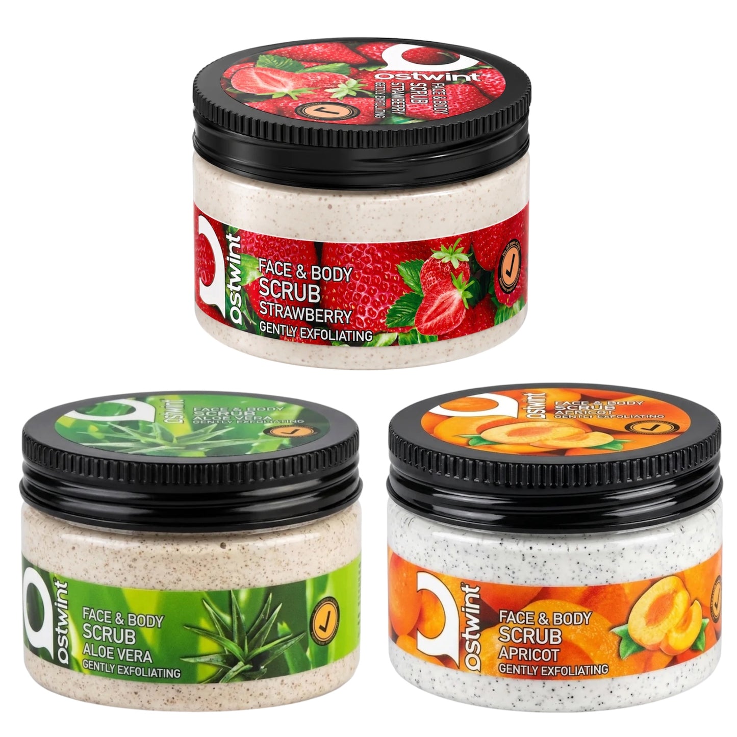 Pachet 3x Scrub exfoliant pentru fata si corp Ostwint cu capsuni, caise, aloe vera - 300ml