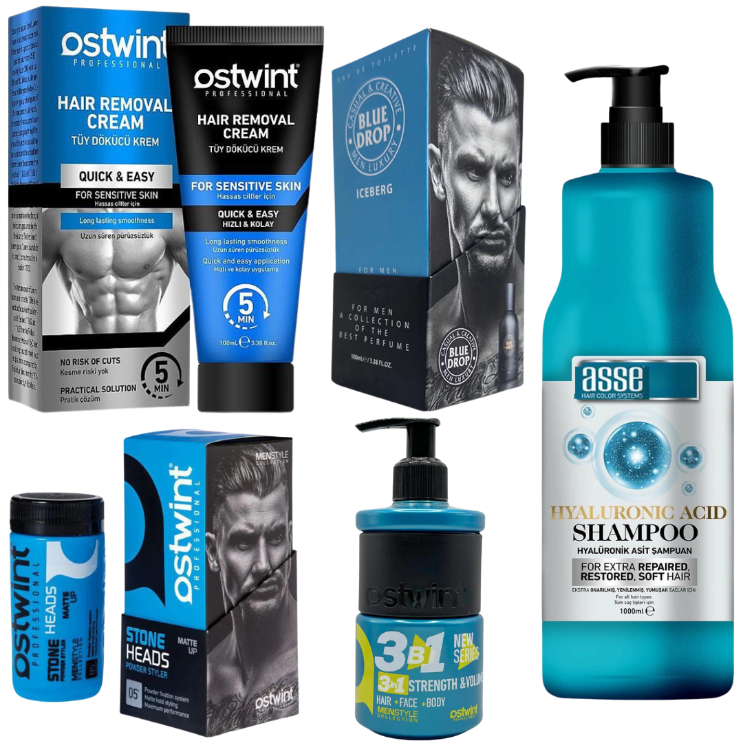 Set Crema depilatoare pentru piele sensibila - 100ml (barbati),Parfum Blue Drop Iceberg 100ml, Pudra de volum Hard Powder 20, gel dus 3 in 1 Strenght & Volume 250ml, Sampon de par cu Acid Hialuronic Asse - 1000ml - 1000ml