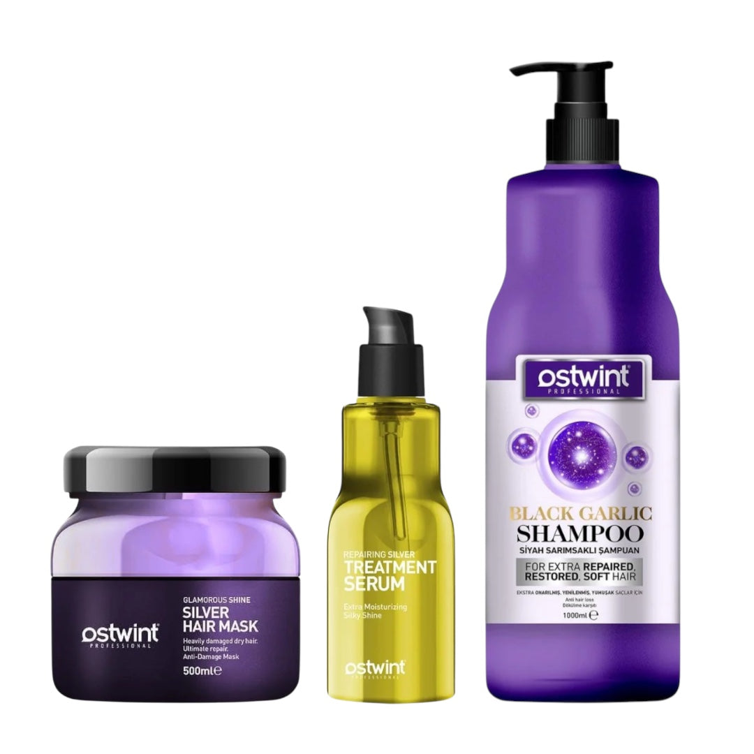 Set Sampon cu Usturoi 1000ml, Masca de par Silver 500ml, Ser pentru par Silver 100ml - Ostwint