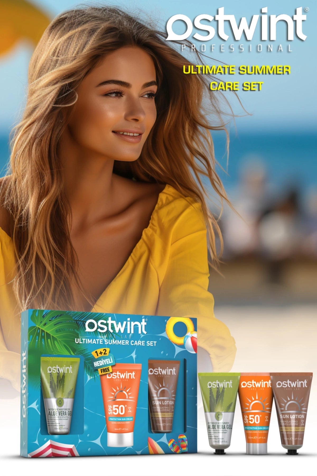 Set de Vara Ostwint – Crema de Protectie Solara SPF 50+, Lotiune Solara, Gel Aloe Vera, 3 x 50ml