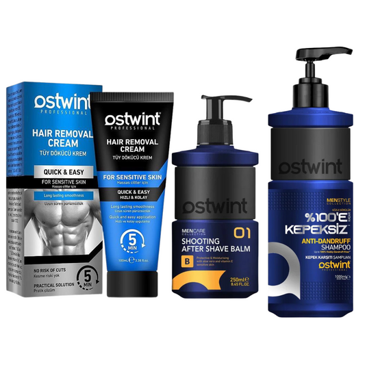 Set Crema depilatoare pentru piele sensibila - 100ml (barbati), Balsam After Shave Ostwint 01 - 250ml, Sampon Anti-Matreata Anti-Dandruff loss - 1000ml