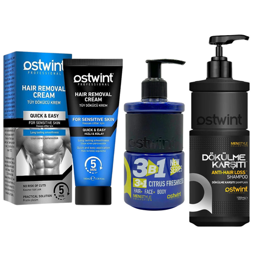 Set Crema depilatoare pentru piele sensibila - 100ml (barbati), Gel de dus 3 in 1 Citrus Freshness 250ml, Sampon anticadere anti-hair loss - 1000ml