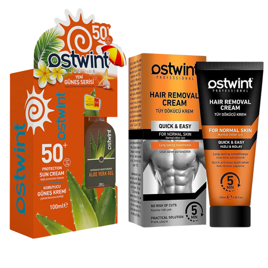 Set Crema de protectie solara SPF 50+ si Gel cu Aloe Vera Ostwint 100ml + 100ml, Crema depilatoare pentru piele normala - 100ml (barbati)