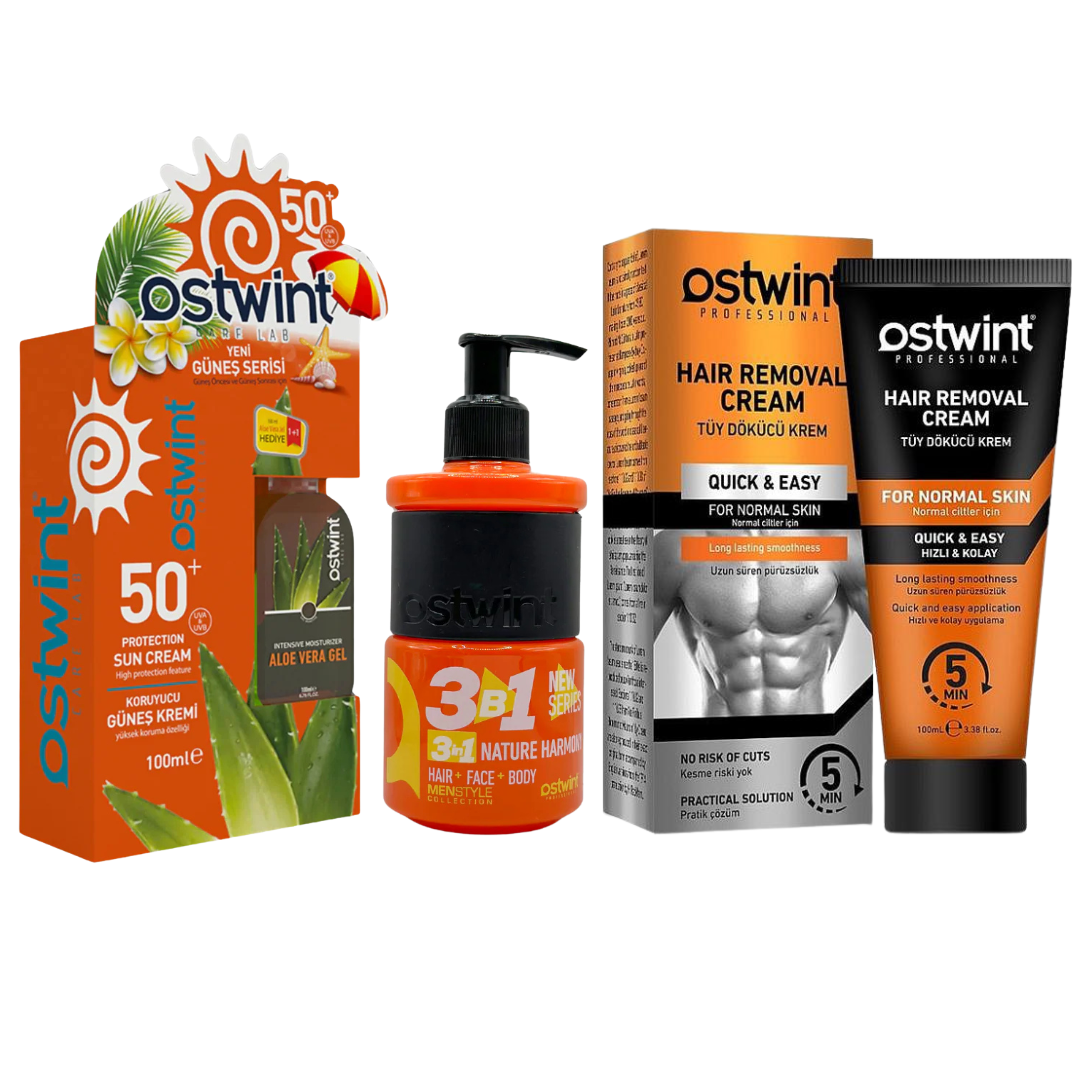 Set Crema de protectie solara SPF 50+ si Gel cu Aloe Vera 100ml + 100ml,Gel de dus 3 in 1 Nature Harmony 250ml, Crema depilatoare pentru piele normala - 100ml (barbati)