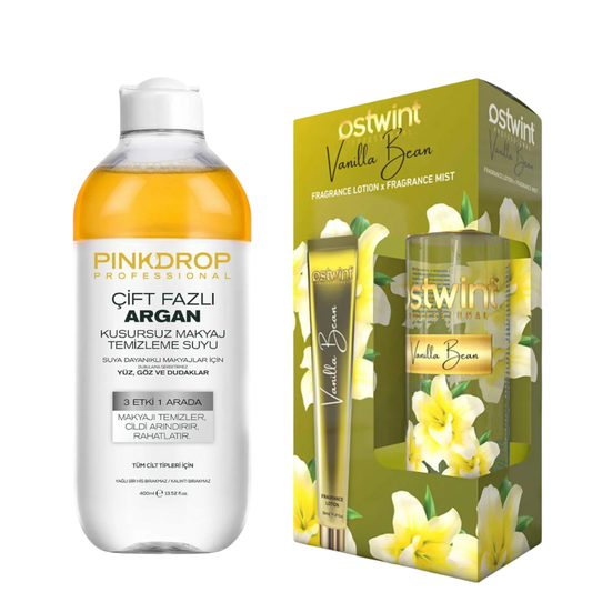 Set Spray de Corp Ostwint Fragrance Vanilla Bean + Lotiune de Corp 50ml, Apa Micelara Bifazica Pink drop 3-in-1 cu Ulei de Argan, 400ml