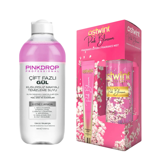 Set Spray de Corp Ostwint Fragrance Pink Blossom + Lotiune de Corp 50ml, Apa Micelara Bifazica Pinkdrop 3-in-1 cu Ulei de Trandafir 400ml
