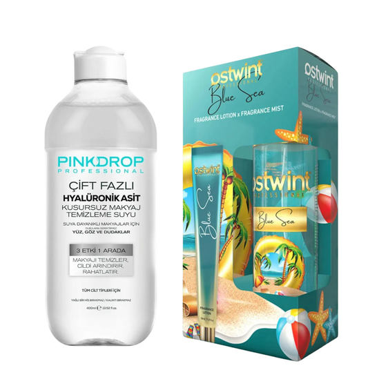Set Spray de Corp Ostwint Fragrance Blue Sea + Lotiune de Corp 50ml, Apa Micelara Bifazica Pinkdrop 3-in-1 cu Acid Hialuronic, Colagen & Niacinamidă 400ml