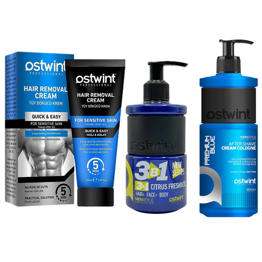 Set Crema depilatoare pentru piele sensibila Ostwint - 100ml (barbati), Gel de dus 3 in 1 Citrus Freshness 250ml, Crema After shave Ostwint Premium Blue - 400ml