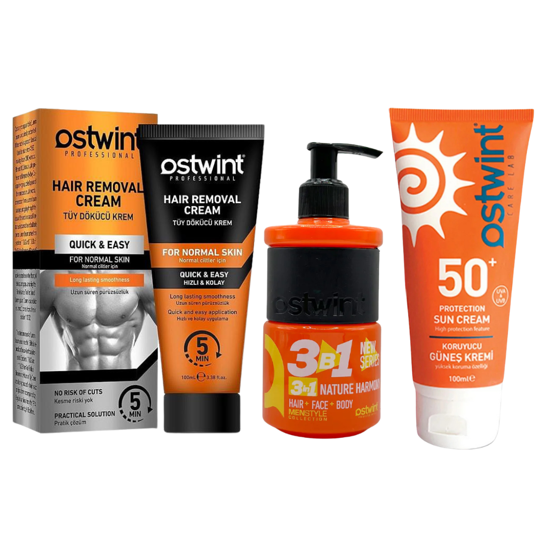 Set Crema depilatoare pentru piele normala - 100ml (barbati), Gel de dus 3 in 1 Nature Harmony 250ml, Crema de protectie solara 50+ SPF - 100ml