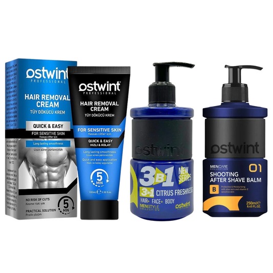 Set Crema depilatoare pentru piele sensibila - 100ml (barbati), Gel de dus 3 in 1 Citrus Freshness 250ml, Balsam After Shave Ostwint 01 - 250ml