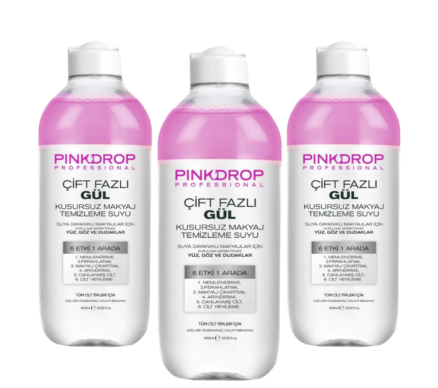 Pachet 3x Apa Micelara Bifazica Pinkdrop 3 in 1 cu Ulei de Trandafir 400ml