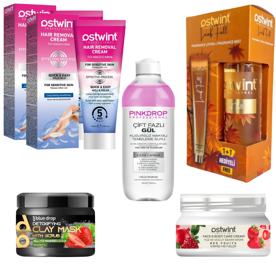 Super Set 2 Creme Depilatoare 200ml, Apa Micelara Rose 400m, Set Fragrance Leaf Fall + Lotiune de Corp 200ml, Crem pentru Fata si Corp cu Fructe Rosii. 300 ml,Scrub Capsuni 480ml
