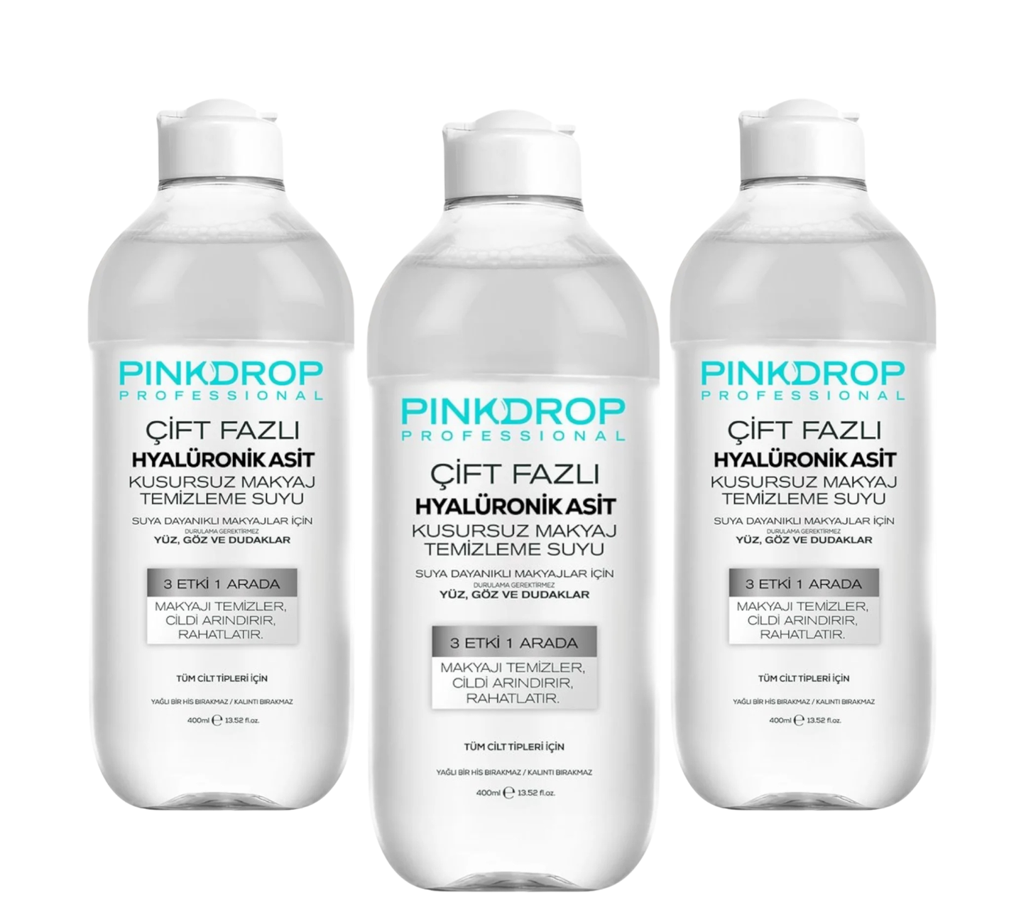 Pachet 3x Apa Micelara Bifazica Pinkdrop 3-in-1 cu Acid Hialuronic, Colagen & Niacinamida 400ml