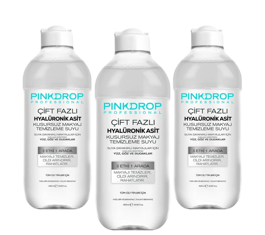 Pachet 3x Apa Micelara Bifazica Pinkdrop 3-in-1 cu Acid Hialuronic, Colagen & Niacinamida 400ml