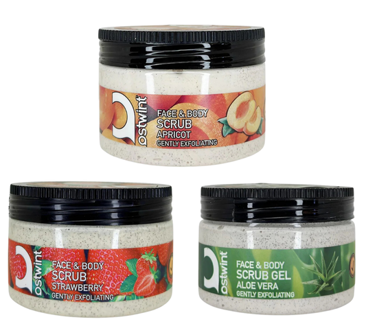 Pachet 3x Scrub exfoliant pentru fata si corp Ostwint cu capsuni, caise, aloe vera - 300ml