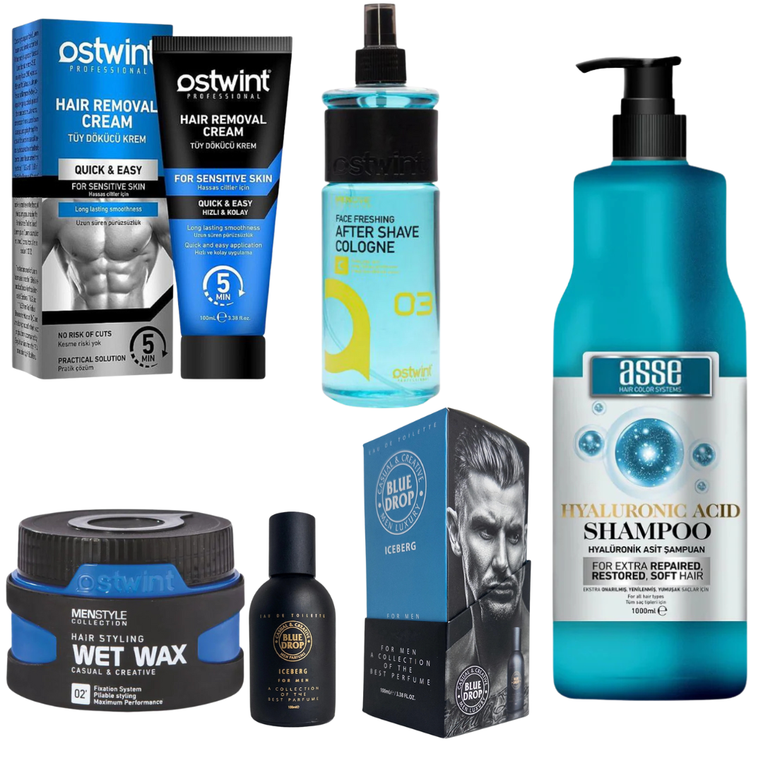 Set Crema depilatoare pentru piele sensibila 100ml, Ceara de par 02 150ml, Apa de colonie 03 400ml, Parfum Ostwint Iceberg 100ml, Sampon de par cu Acid Hialuronic 1000ml