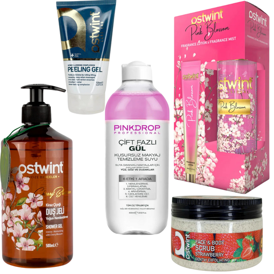 Set Spray de Corp Ostwint Fragrance Pink Blossom 200ml + Lotiune de Corp 50ml, Scrub Exfoliant Aroma de Capsuni 300ml,Apa Micelara Bifazica Pinkdrop cu Ulei de Trandafir 400ml, Gel de dus cu Flori de Cires Ostwint 500ml, Peeling Gel classic 125 ml