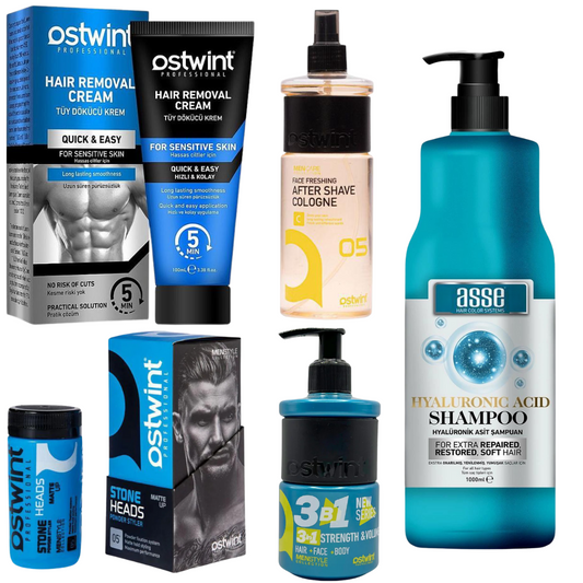 Set Crema depilatoare pentru piele sensibila - 100ml (barbati),Colonie Aftershave 05 - 400ml, Pudra de volum Hard Powder 20, gel dus 3 in 1 Strenght & Volume 250ml, Sampon de par cu Acid Hialuronic Asse - 1000ml - 1000ml