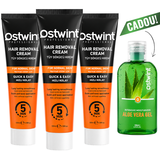 Set 3 bucati Creme depilatoare pentru piele normala Ostwint 100ml (barbati) + Cadou Gel aloe vera 100ml
