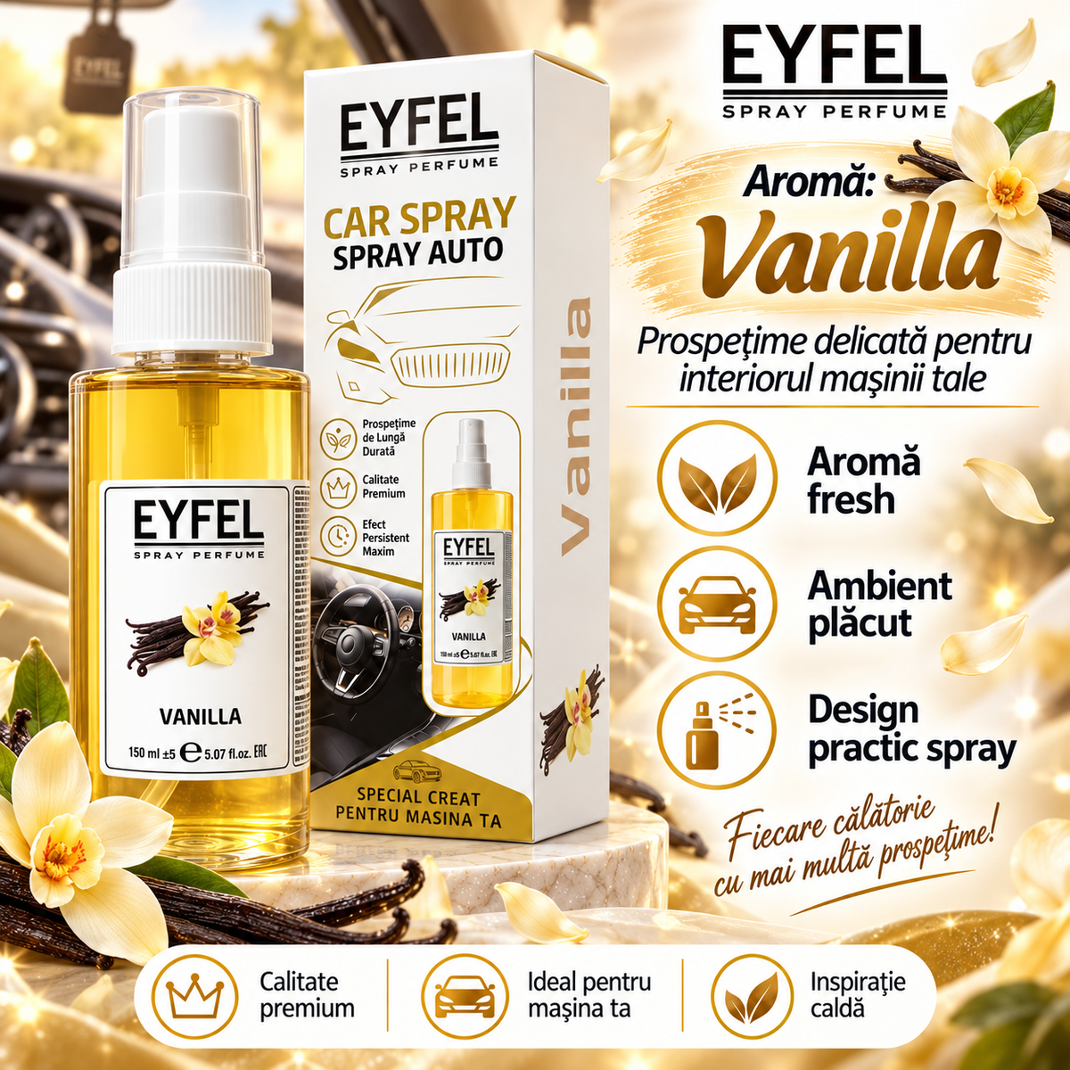 Odorizant Camera/Auto Eyfel, parfum spray, Vanilla, 150 ml