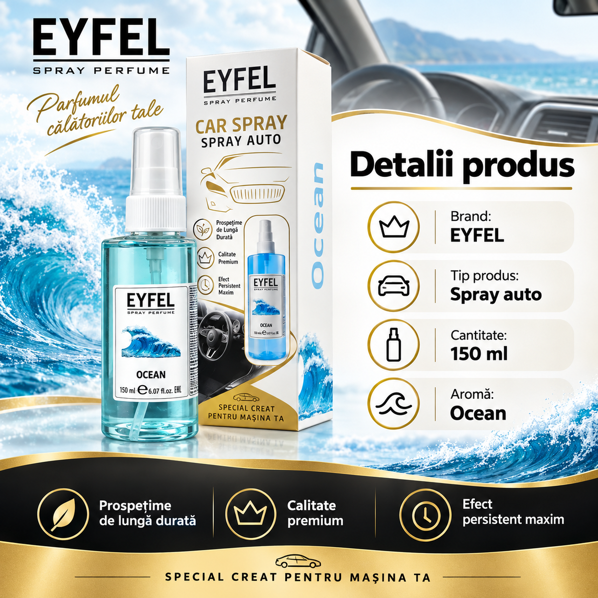 Odorizant Camera/Auto Eyfel, parfum spray, Ocean, 150 ml