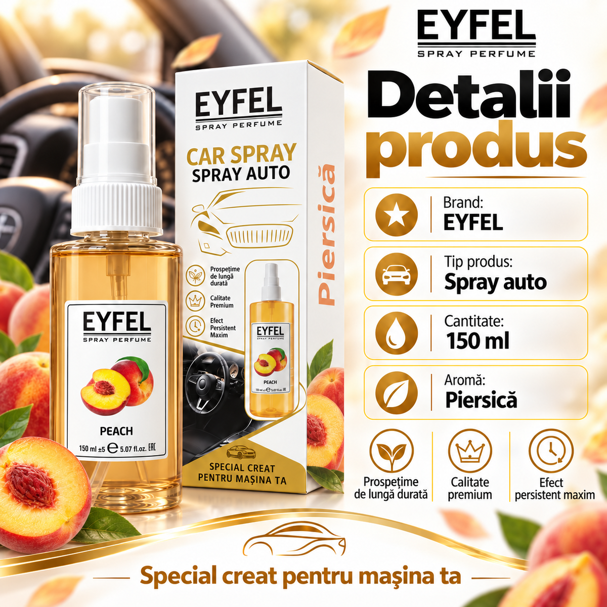 Odorizant Camera/Auto Eyfel, parfum spray, Peach, 150 ml