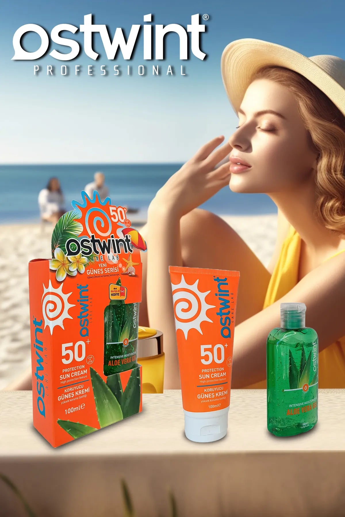 Set Crema de protectie solara SPF 50+ si Gel cu Aloe Vera Ostwint 100ml + 100ml