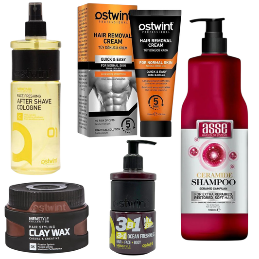 Set Crema depilatoare pentru piele normala 100ml, ceara de par cu efect mat 150ml, Apa de colonie 01 400ml, Gel de dus 3 in 1 250ml, Sampon de par cu ceramide 1000ml