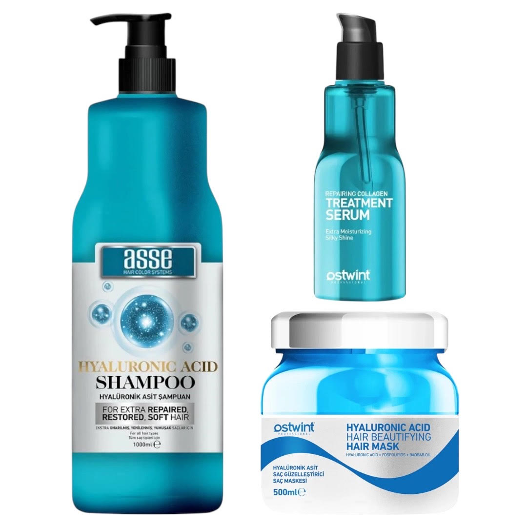 Pachet Sampon de par cu Acid Hialuronic 1000ml + Masca de par cu Acid Hialuronic 500ml + Ser pentru par cu Colagen 100ml Ostwint